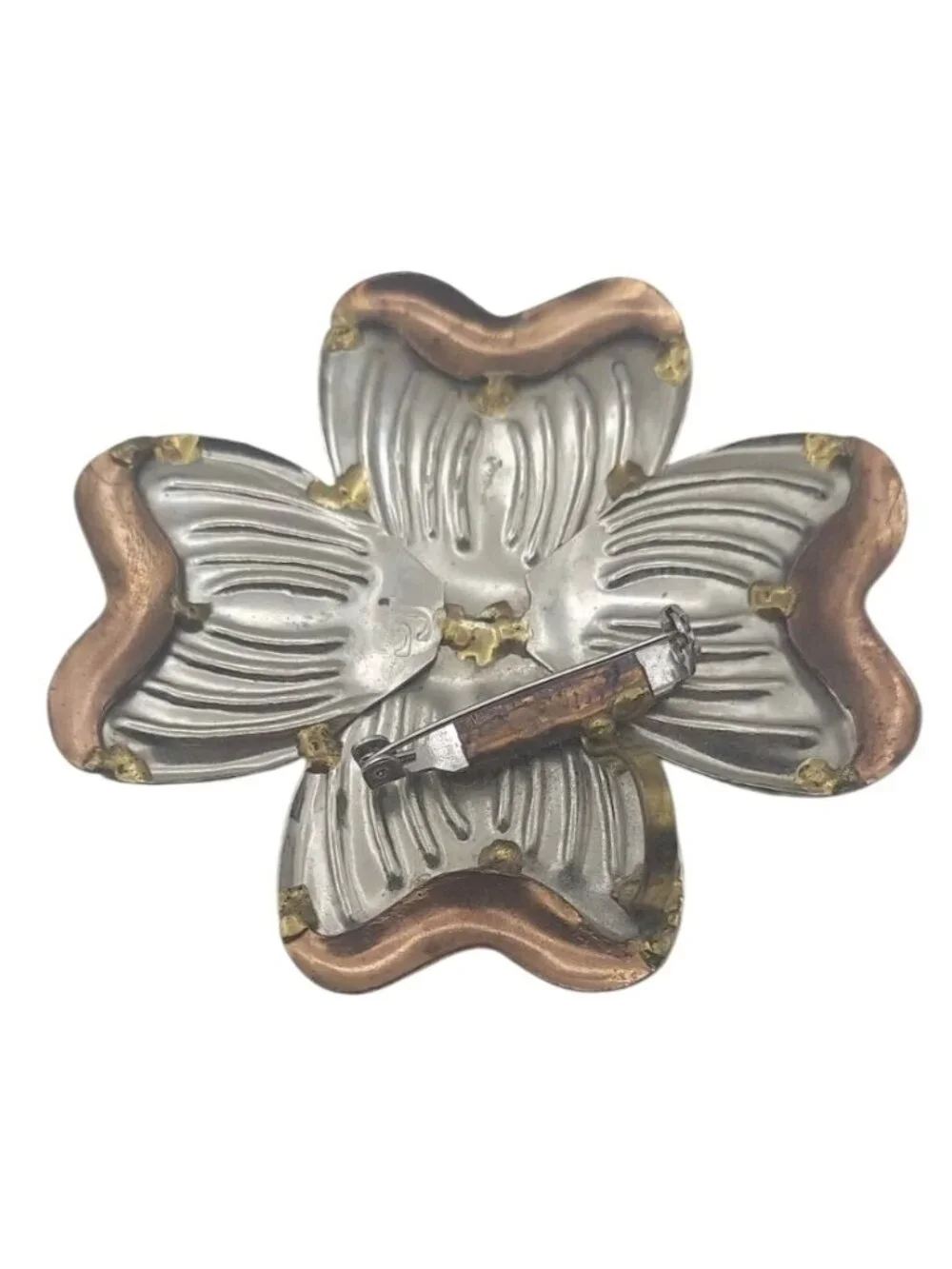 Brutalist Dogwood Flower Three Tone Metal Brooch Pin Pendant Signed SJ Vintage